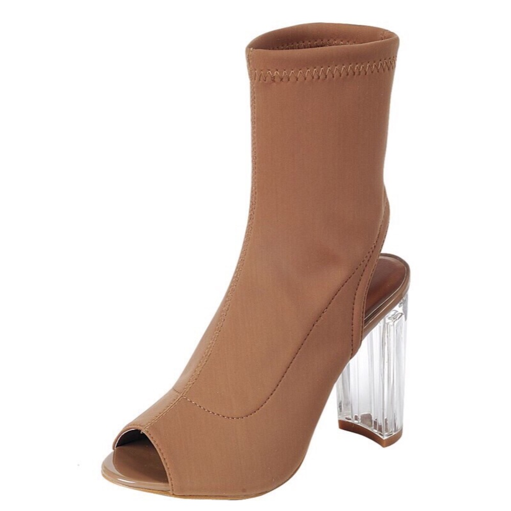 LF Tan Peep Toe Heels with Clear Block Heel